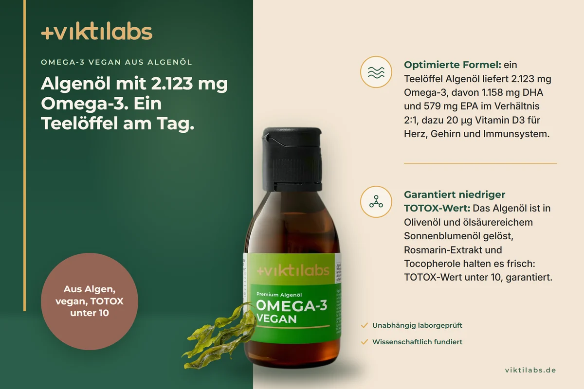Anzeige: Viktilabs Omega-3 Vegan, Algenöl in der braunen 100-ml-Flasche